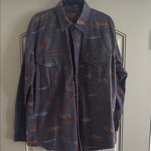 Filson Navy Button-Up Shirt Jacket with Multicolor Fish Print